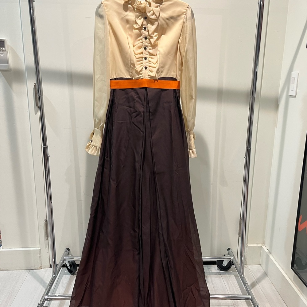 Elegant Cream and Brown Long Dress with Orange Accent